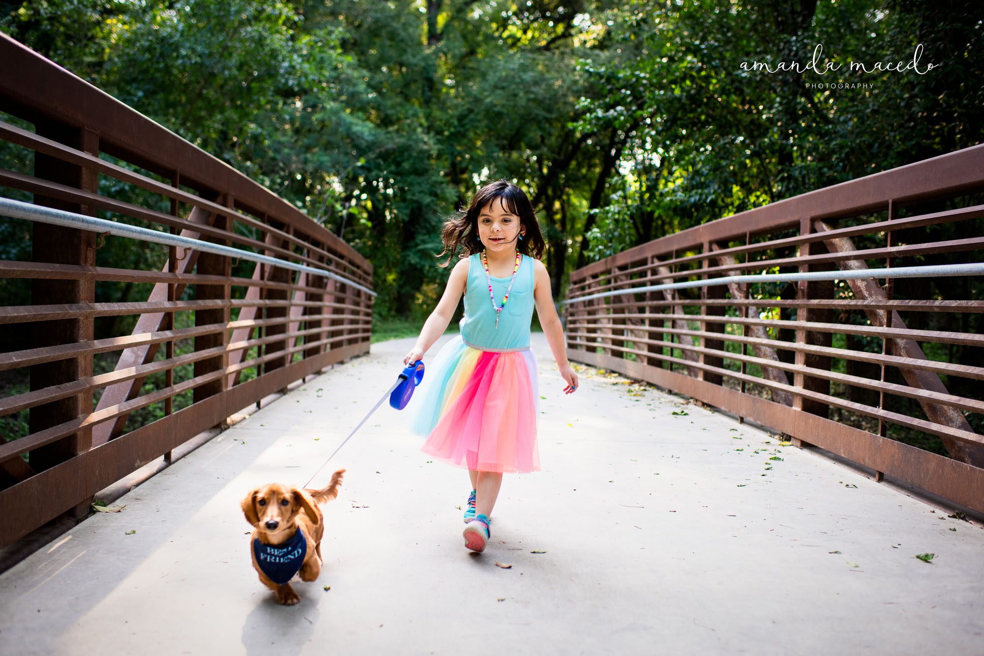 Child photographer, little girl walking on bridge with puppy