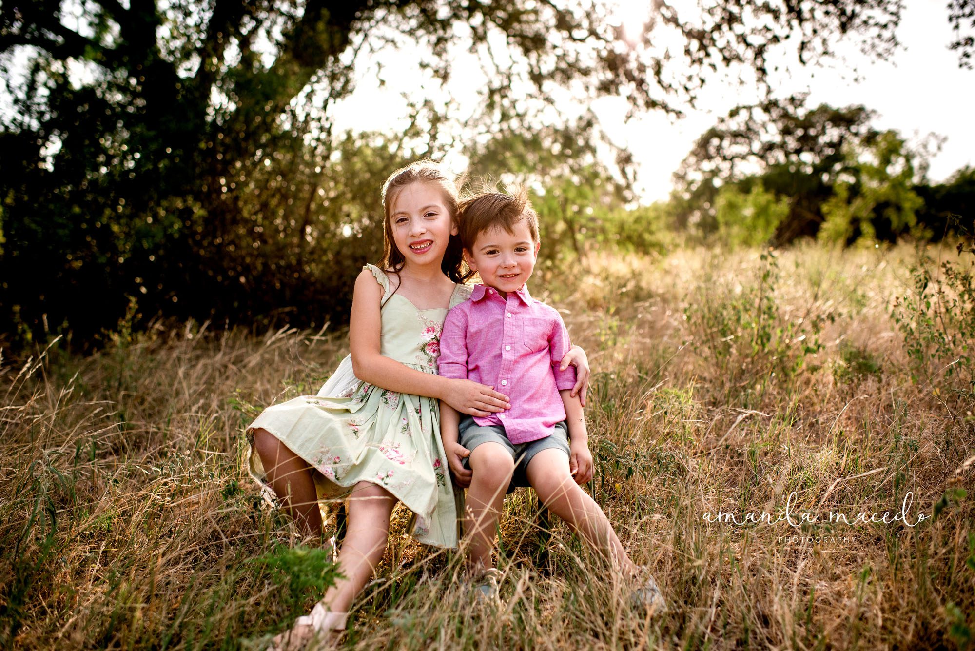 Family photographer boy and girl sitting in a field