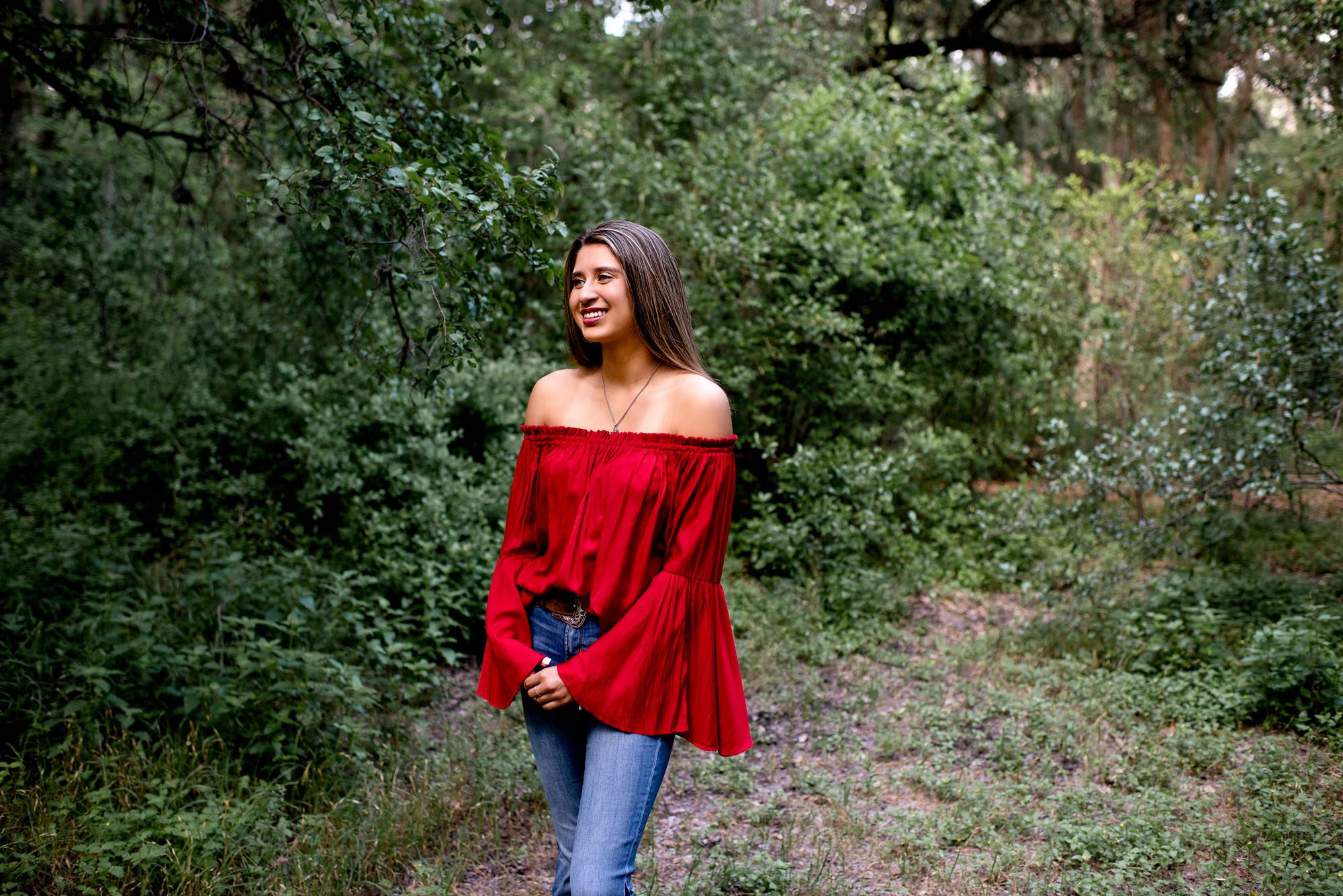Girl in red shirt smiling, San Antonio Senior Photographer