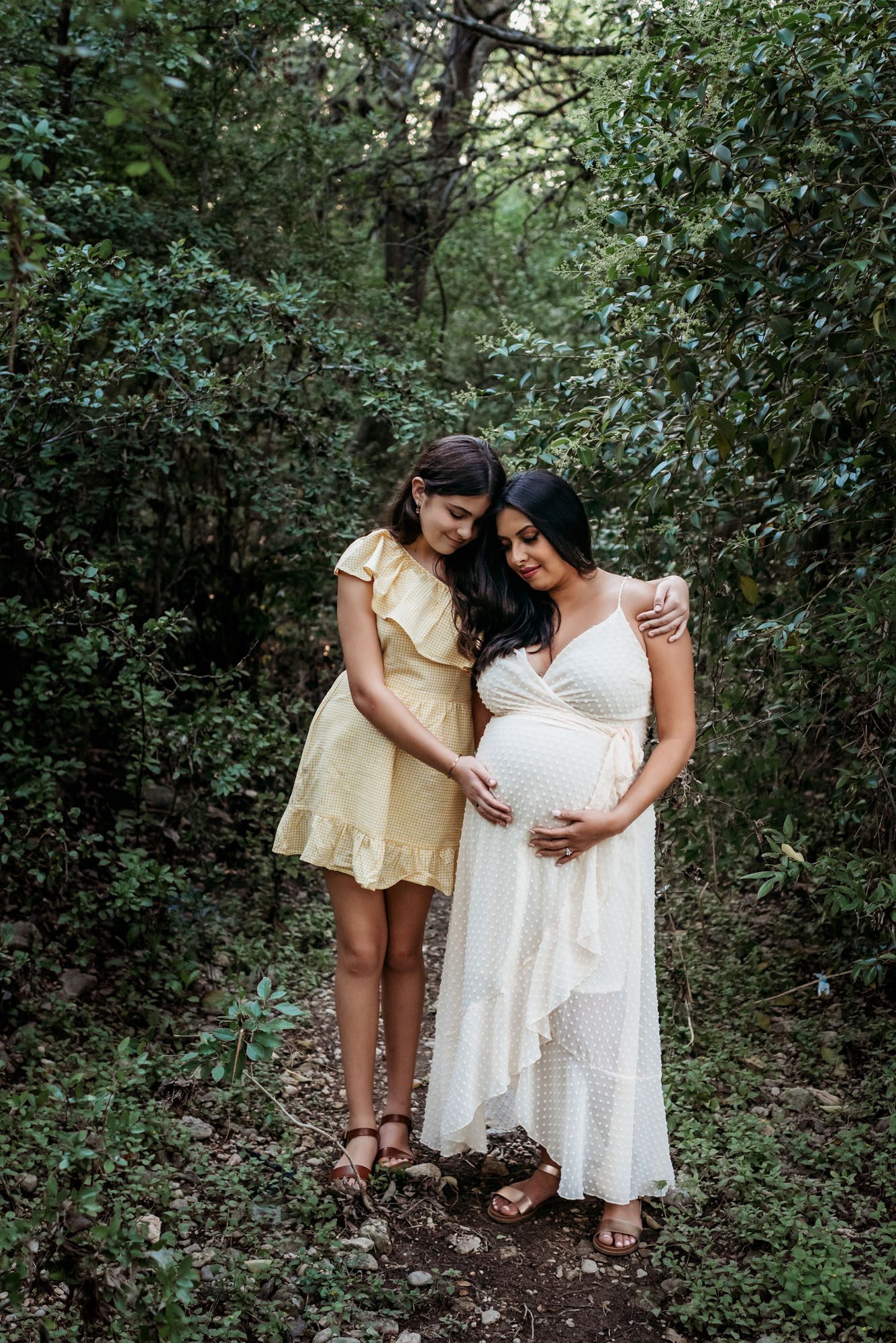 Expectant mother with daughter in the woods, San Antonio Maternity Photographer