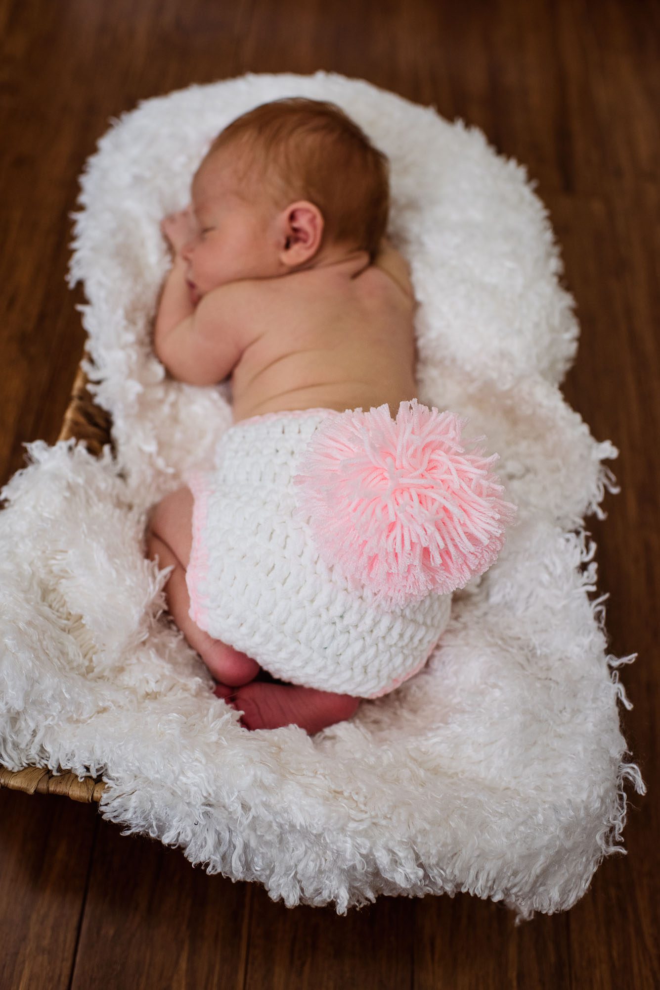 Sleeping newborn baby girl in with crotchet bloomers, San Antonio newborn photographer