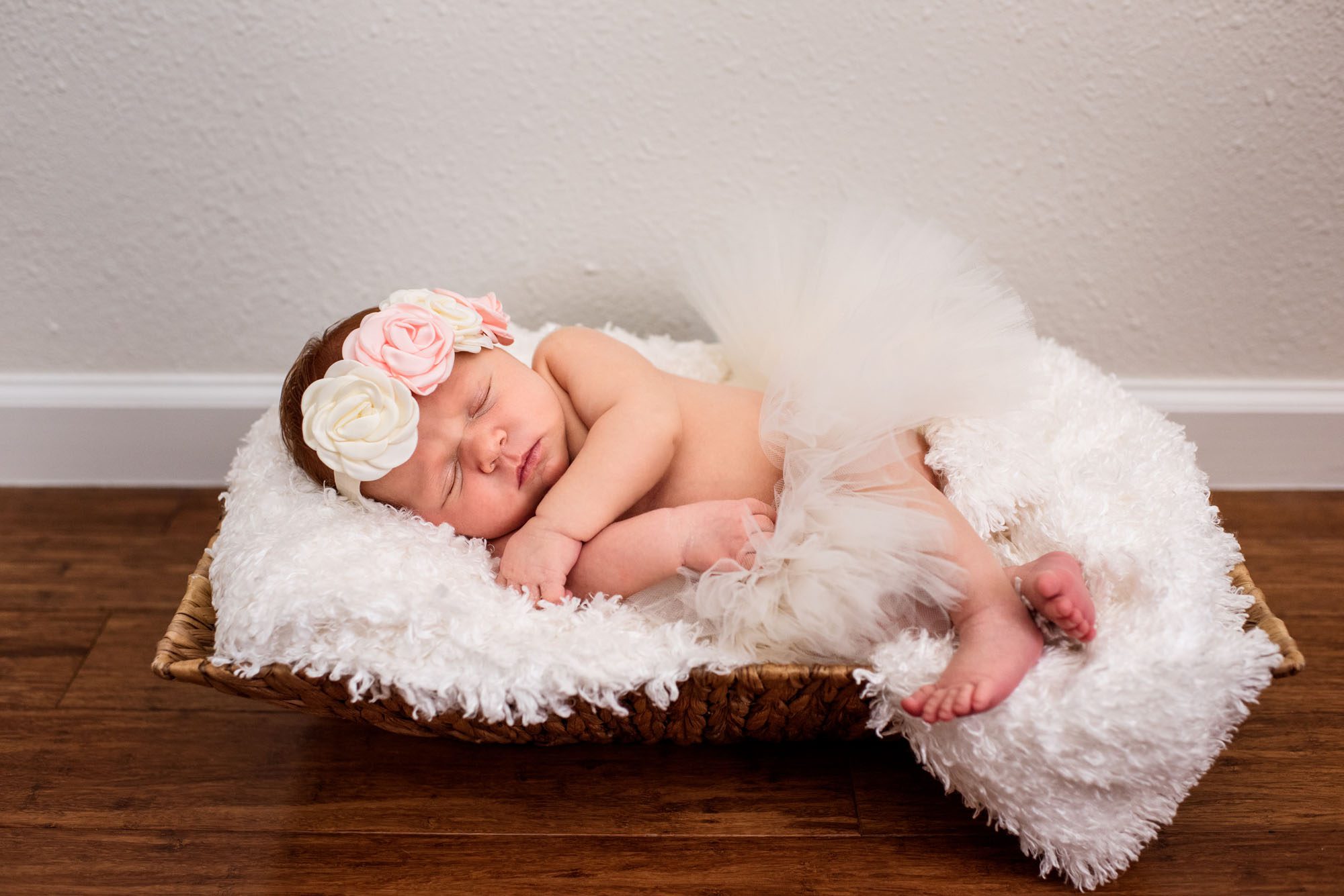 Sleeping newborn baby girl in basket, San Antonio newborn photographer