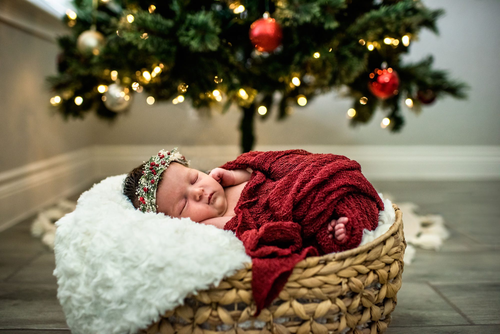Baby sleeping under Christmas tree, San Antonio Newborn Photographer