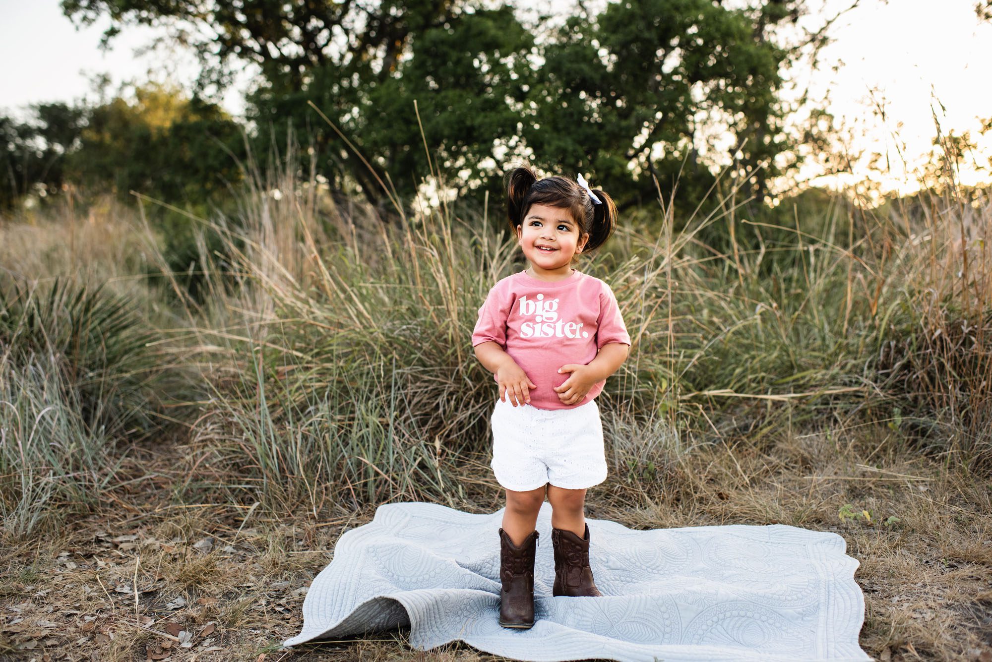 Little girl wearing big sister shirt, San Antonio Maternity photographer