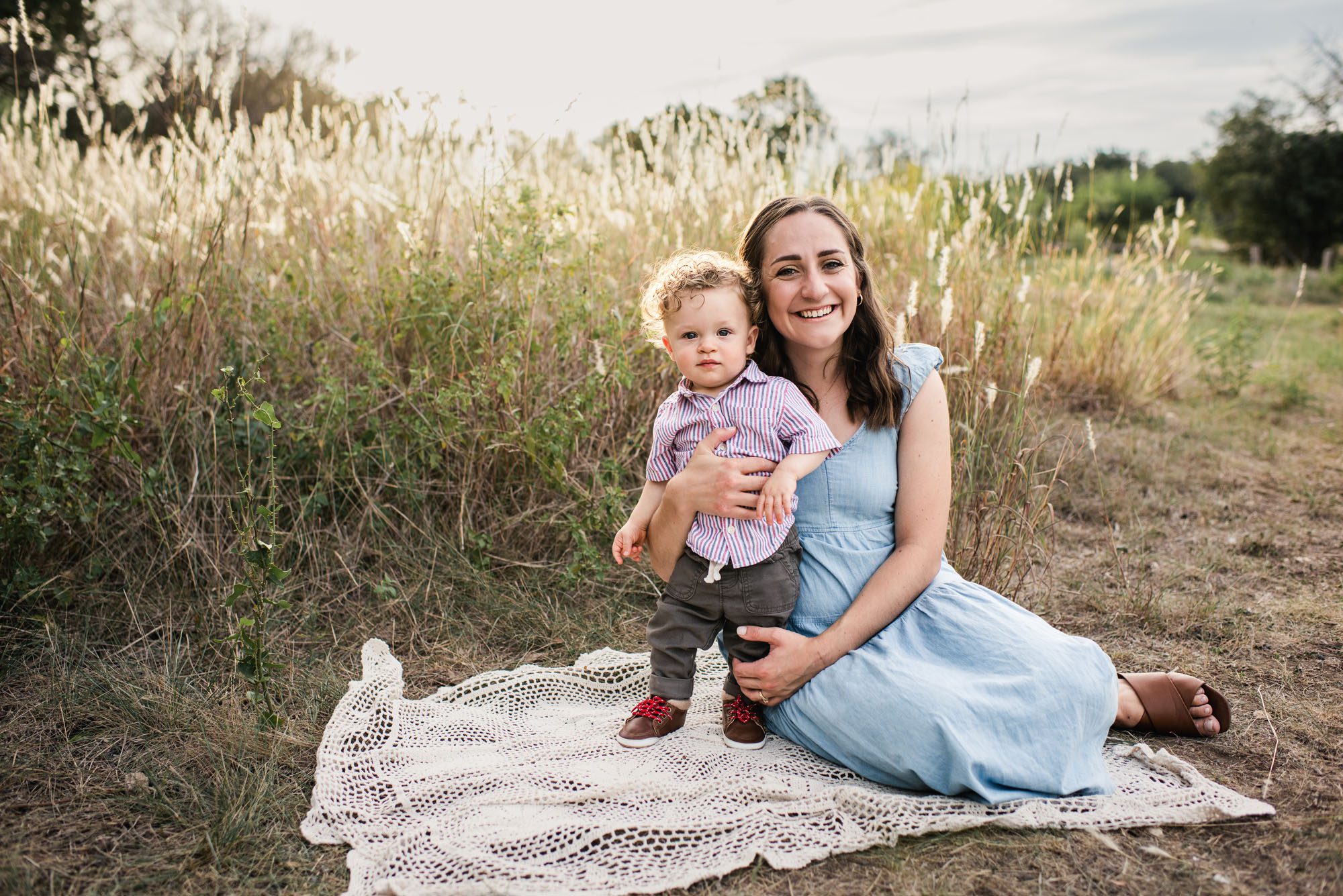 Mother and son sitting on blanket, San Antonio Family Photographer
