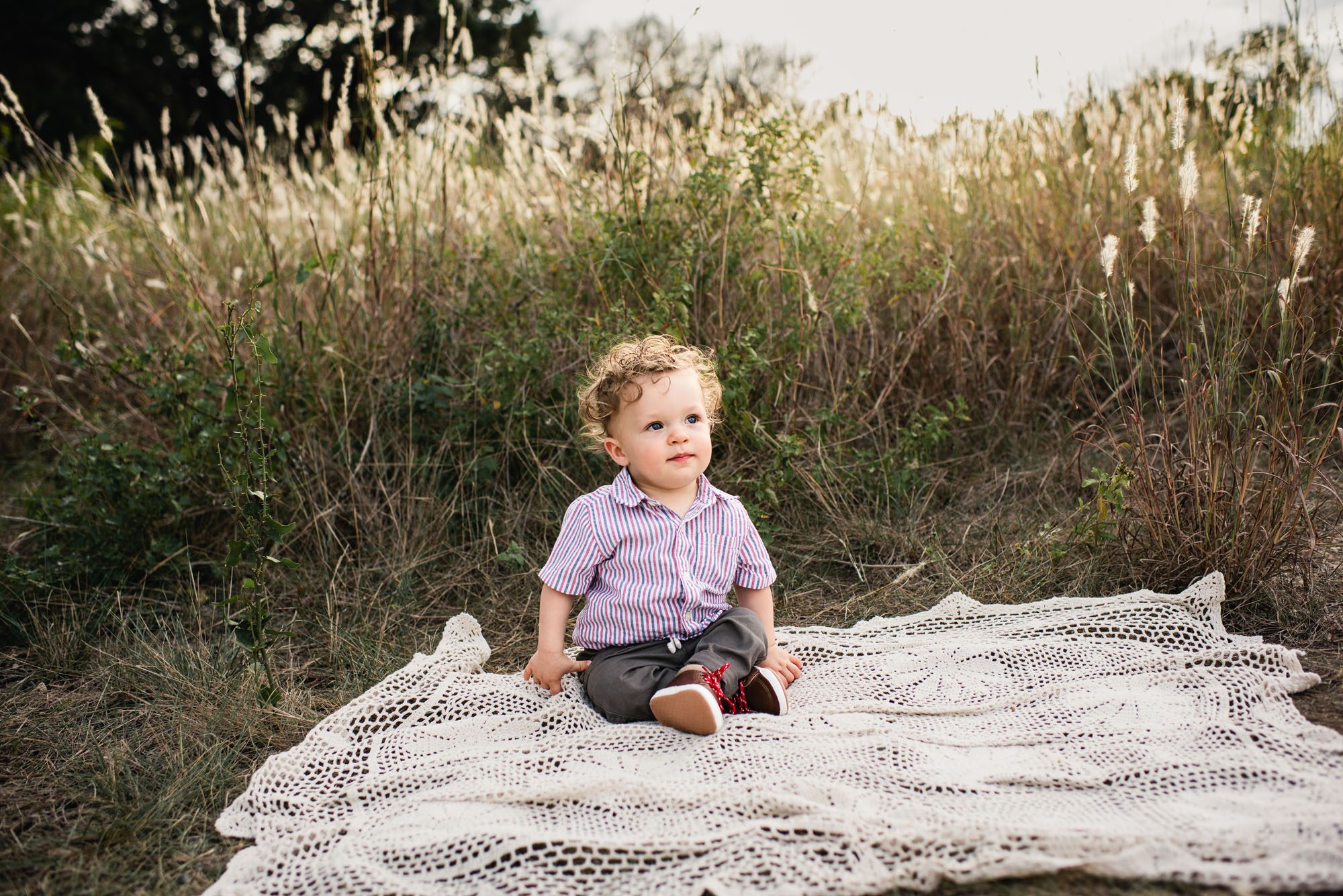 Little boy sitting on blanket in field, San Antonio Family Photographer