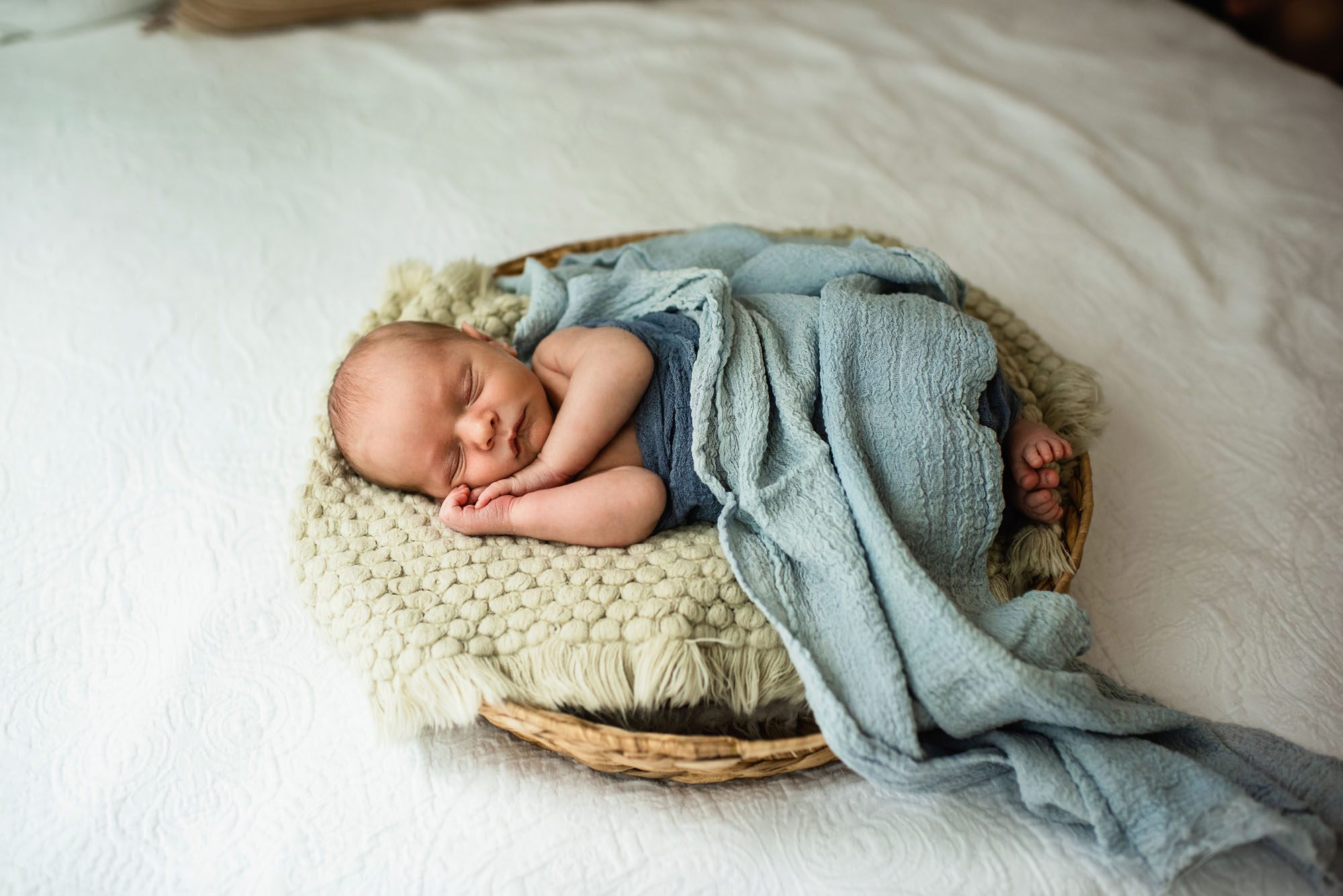 Baby boy posed in basket with blue blankets, San Antonio Lifestyle Newborn Photographer