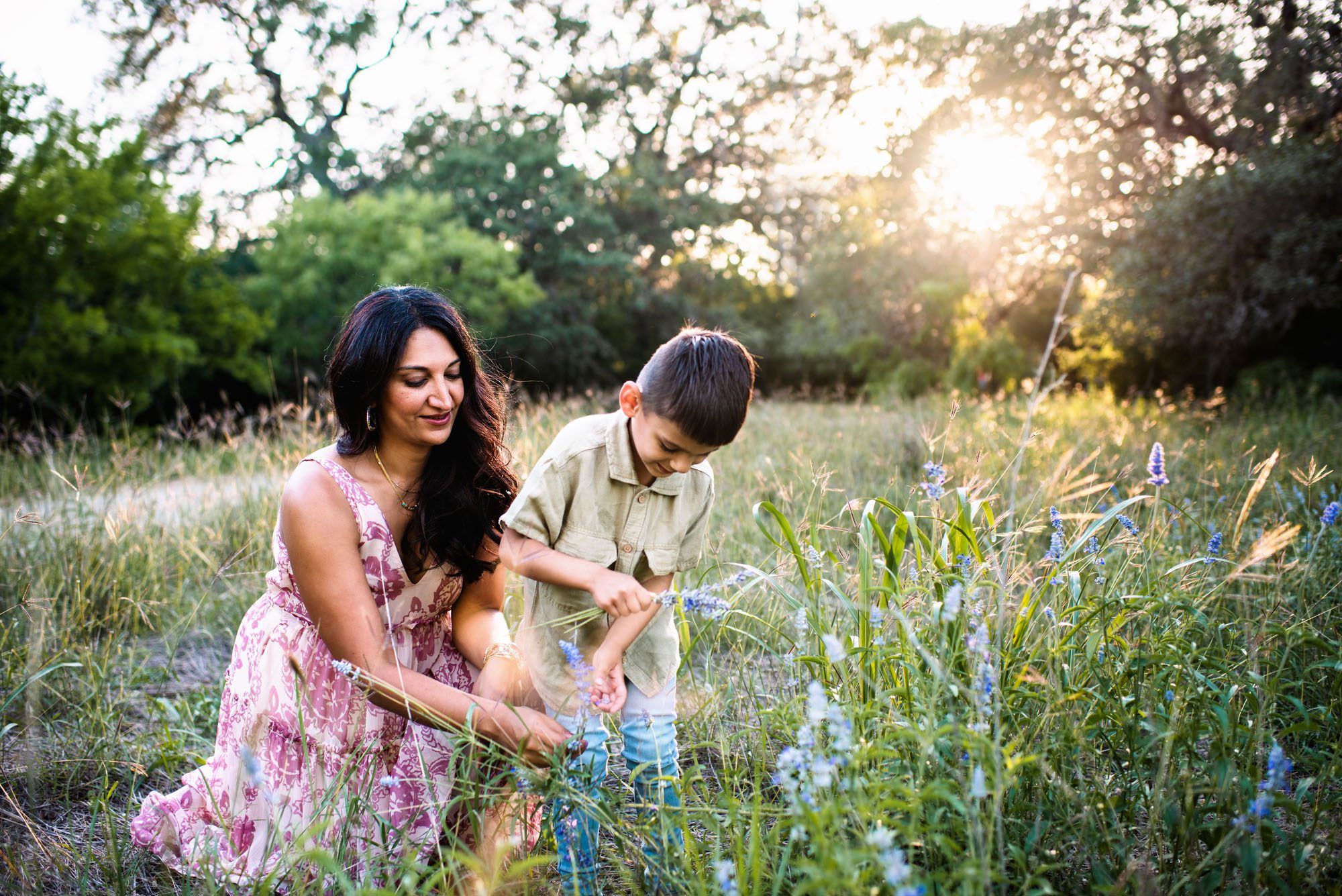 Mother and son picking wildflowers, San Antonio family photographer