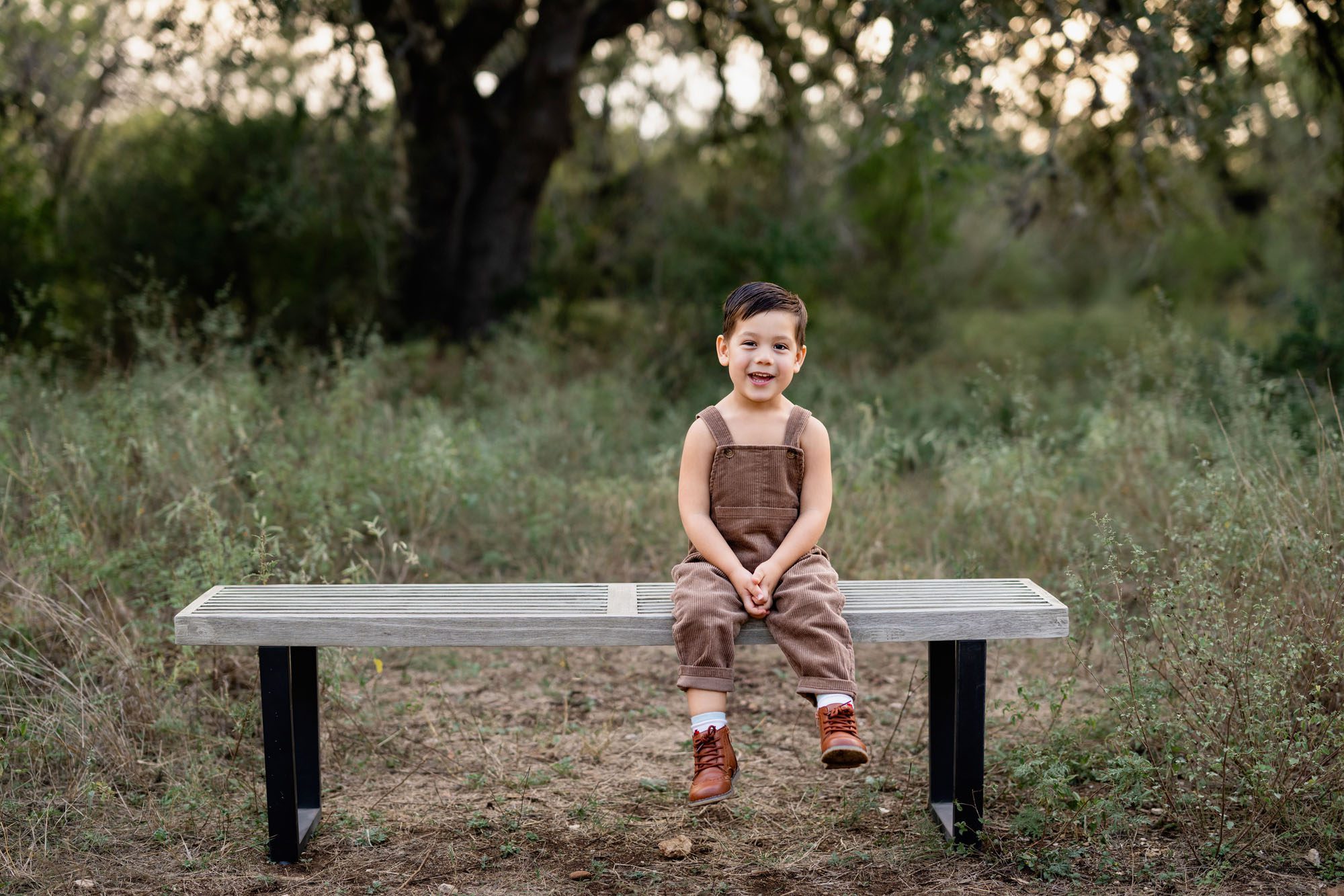 Little boy sitting on bench by oak tree, San Antonio family photographer